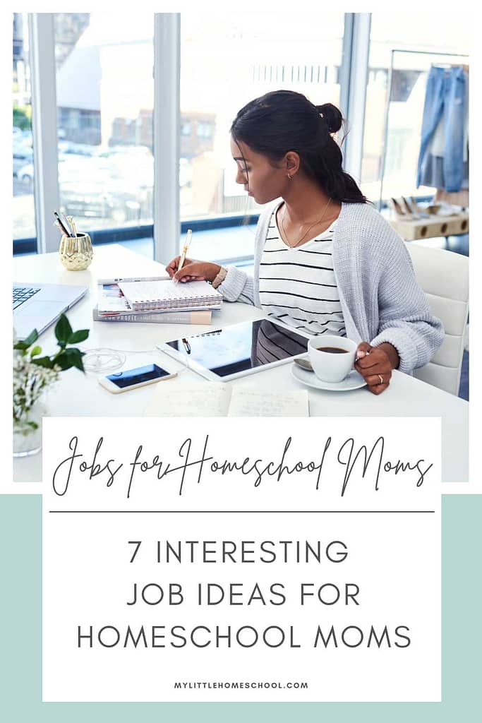 Woman sitting at a desk and writing in a notebook - In my mind, there are loads of interesting job ideas for homeschool moms. Obviously this is very subjective. But if you're looking for some inspiration about what you can do as a homeschool mom, then I hope you can find it here in this post. 