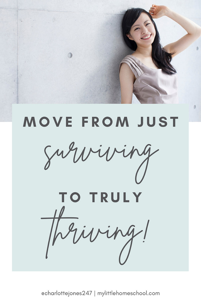 Smiling woman leaning against a wall - Do you want to move from just surviving to truly thriving? Read on for tips and strategies for working homeschool moms to thrive... 